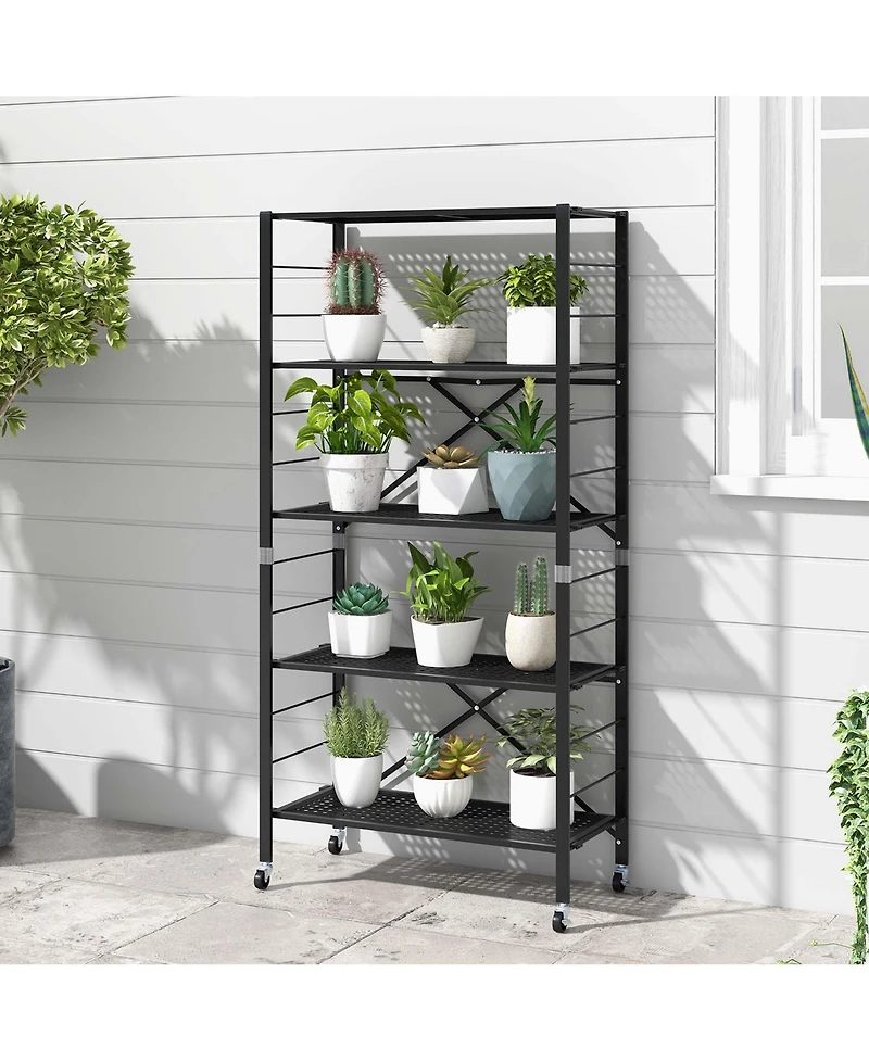 5-Tier Foldable Storage Shelves Adjustable Collapsible Organizer Rack with Wheels