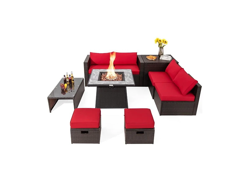 Slickblue 9 Pieces Patio Pe Wicker Sectional Set with 50000 Btu Fire Pit Table