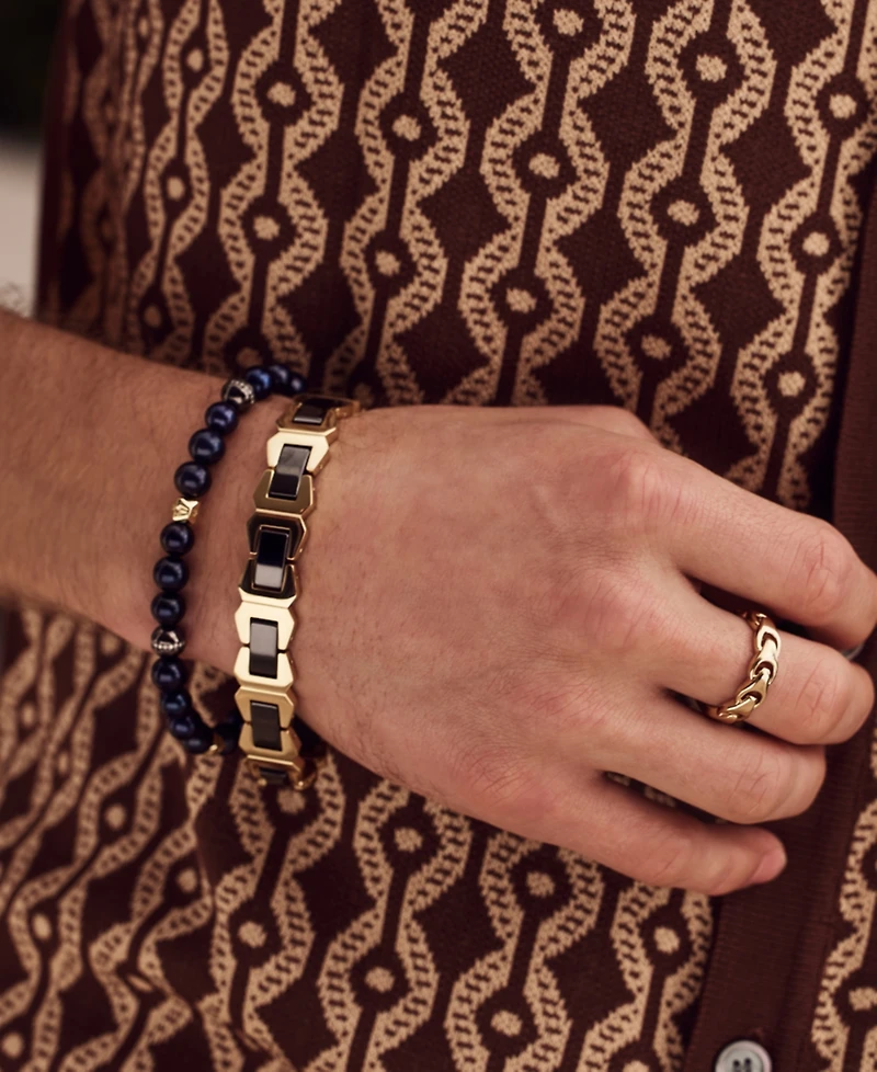 Bulova Men's Marine Star Blue Freshwater Pearl (8mm) & Diamond (1/5 ct. t.w.) Beaded Bracelet in 14k Gold-Plated Sterling Silver