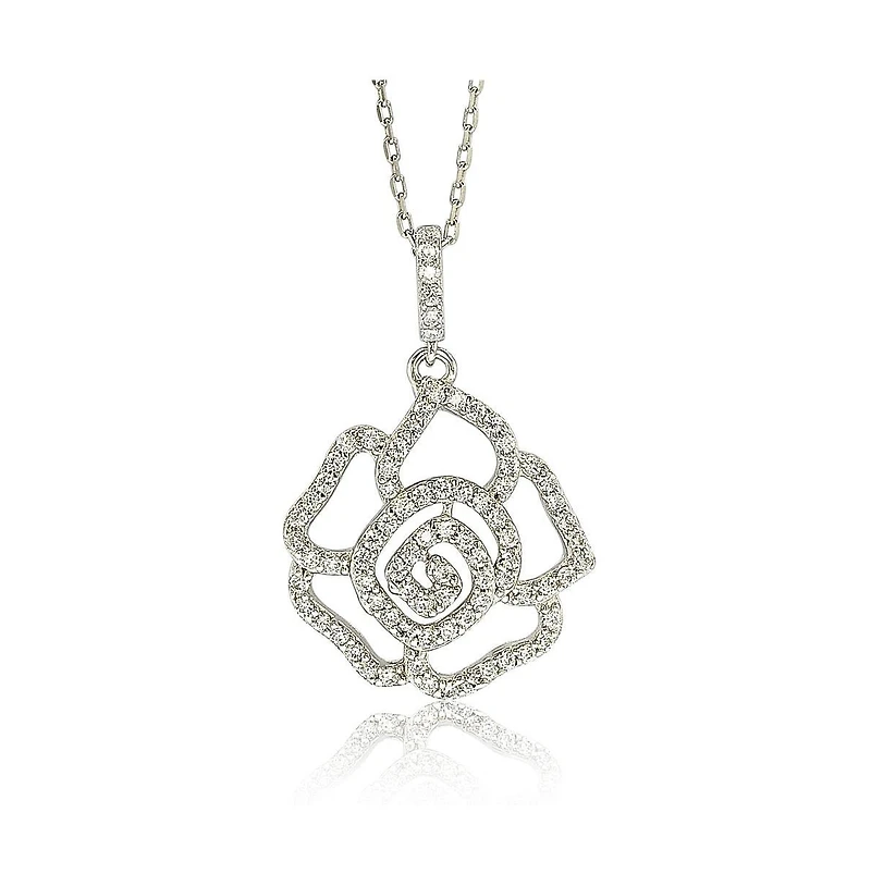 Suzy Levian Sterling Silver Cubic Zirconia Open Mini Flower Pendant Necklace