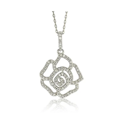 Suzy Levian Sterling Silver Cubic Zirconia Open Mini Flower Pendant Necklace