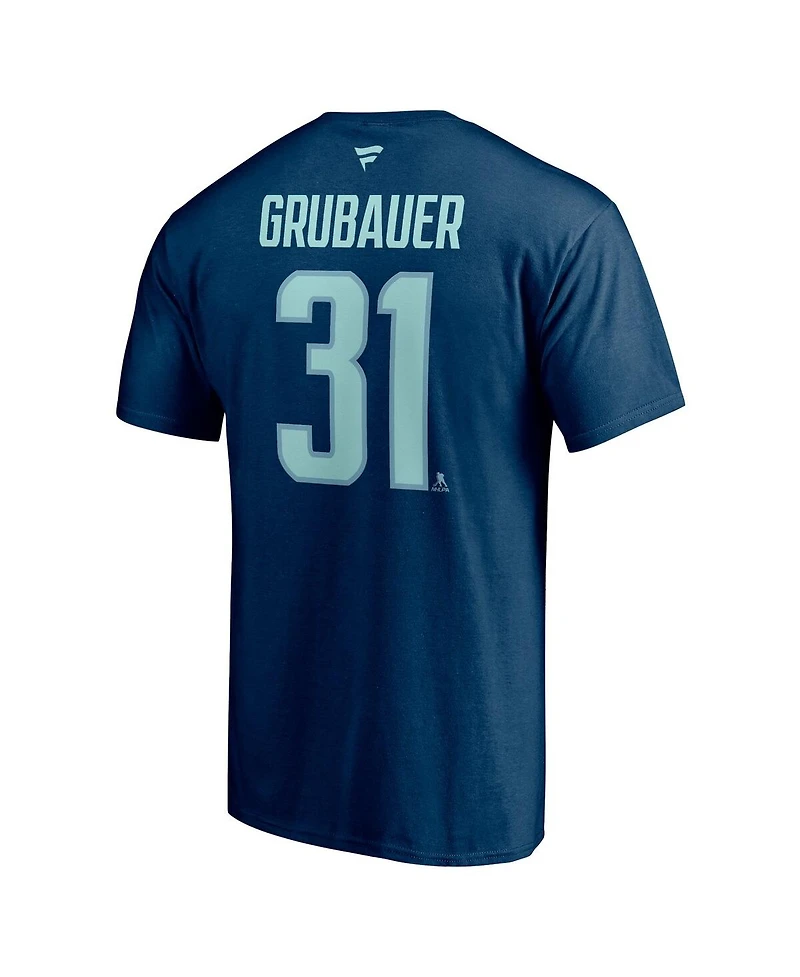 Men's Fanatics Philipp Grubauer Deep Sea Blue Seattle Kraken Authentic Stack Name and Number T-shirt