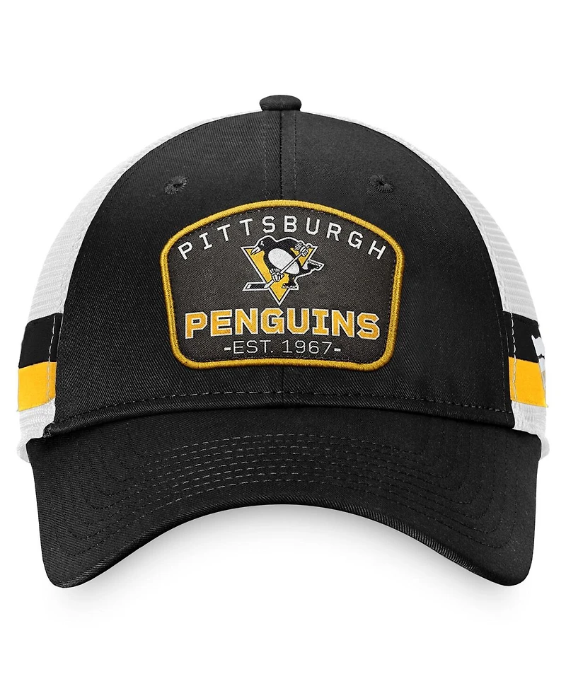 Men's Fanatics Black, White Pittsburgh Penguins Fundamental Striped Trucker Adjustable Hat