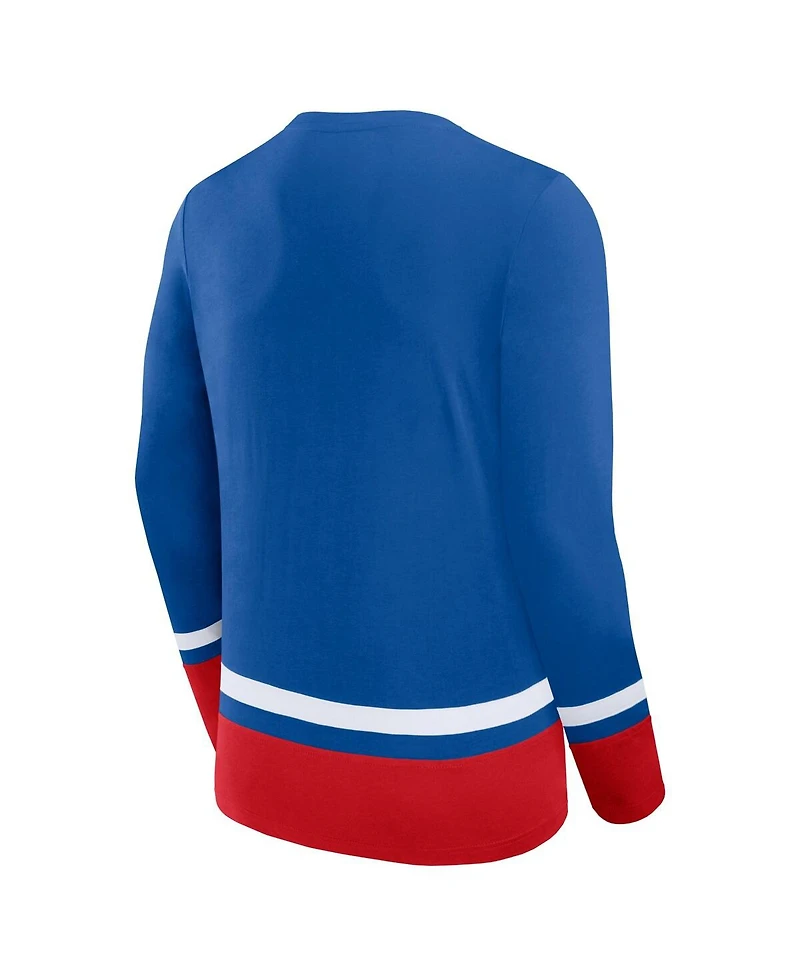 Men's Fanatics Blue New York Rangers Back Pass Lace-Up Long Sleeve T-shirt