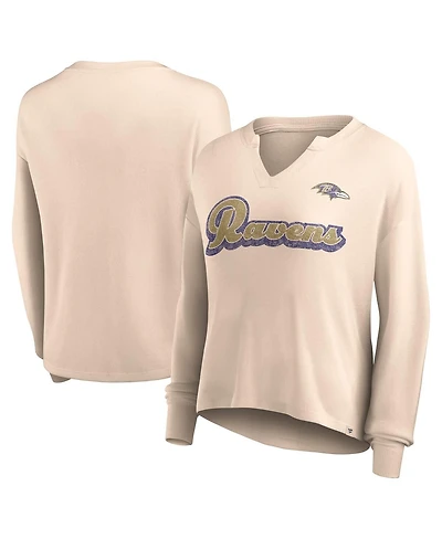 Women's Fanatics Tan Distressed Baltimore Ravens Go For It Notch Neck Waffle Knit Long Sleeve T-shirt