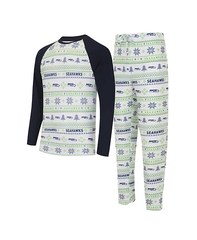 Men's Concepts Sport White, Navy Seattle Seahawks Tinsel Raglan Long Sleeve T-shirt and Pants Sleep Set