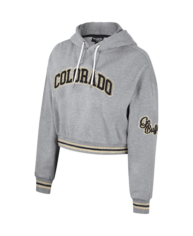 Women's The Wild Collective Heather Gray Distressed Colorado Buffaloes Cropped Shimmer Pullover Hoodie