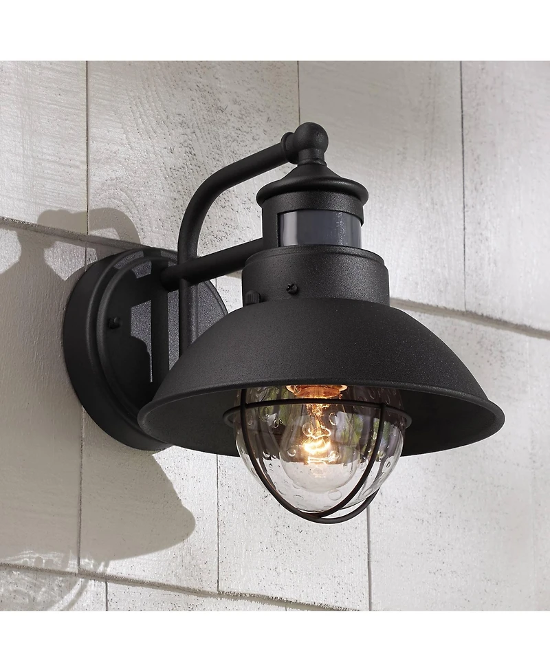 Oberlin Rustic Industrial Farmhouse Outdoor Barn Light Fixture Black Dusk to Dawn Motion Sensor 9" Clear Seedy Glass for Exterior Deck House Porc
