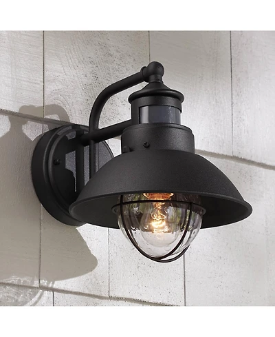 Oberlin Rustic Industrial Farmhouse Outdoor Barn Light Fixture Black Dusk to Dawn Motion Sensor 9" Clear Seedy Glass for Exterior Deck House Porc