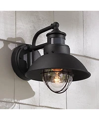 Oberlin Rustic Industrial Farmhouse Outdoor Barn Light Fixture Black Dusk to Dawn Motion Sensor 9" Clear Seedy Glass for Exterior Deck House Porc