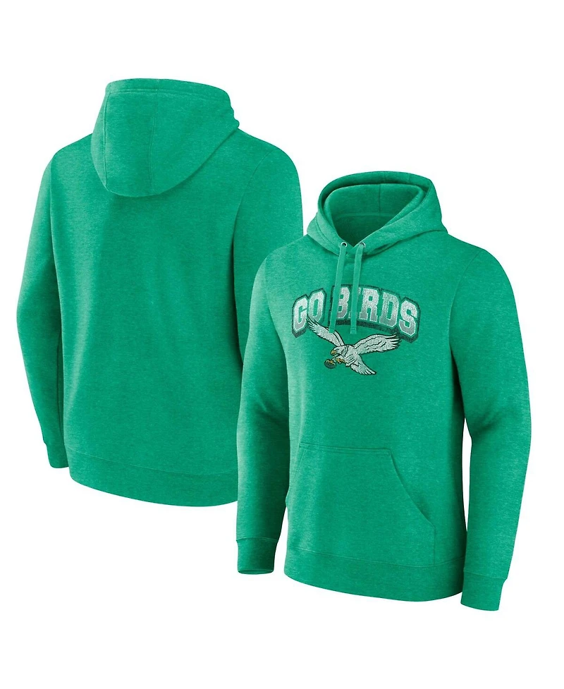 Men's Fanatics Kelly Green Distressed Philadelphia Eagles Gridiron Classics Go Birds Vintage-Like Arch Pullover Hoodie