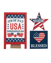 Glitzhome Set of 3 Patriotic, Americana Wooden Block Table Sign