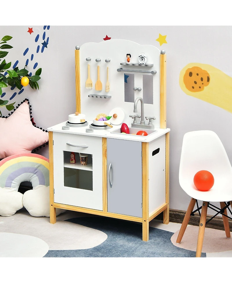 Kids Play Kitchen Set Toddler Pretend Cooking Set with Cabinet and Accessories