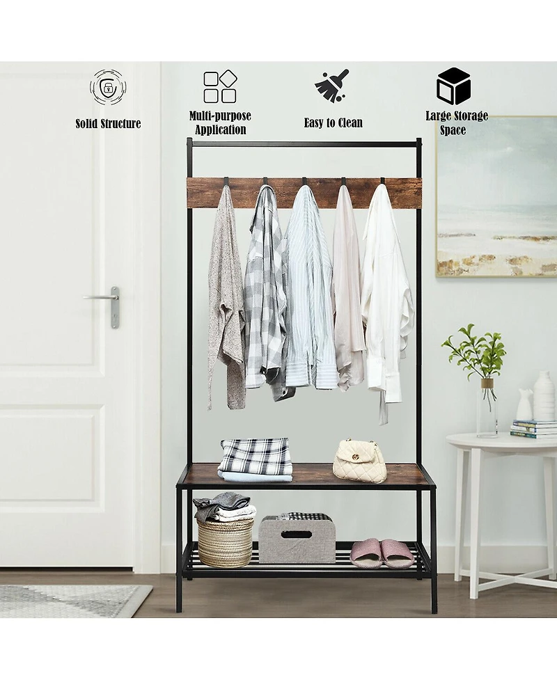 3-in-1 Industrial Coat Rack with 2-tier Storage Bench and 5 Hooks