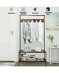 3-in-1 Industrial Coat Rack with 2-tier Storage Bench and 5 Hooks