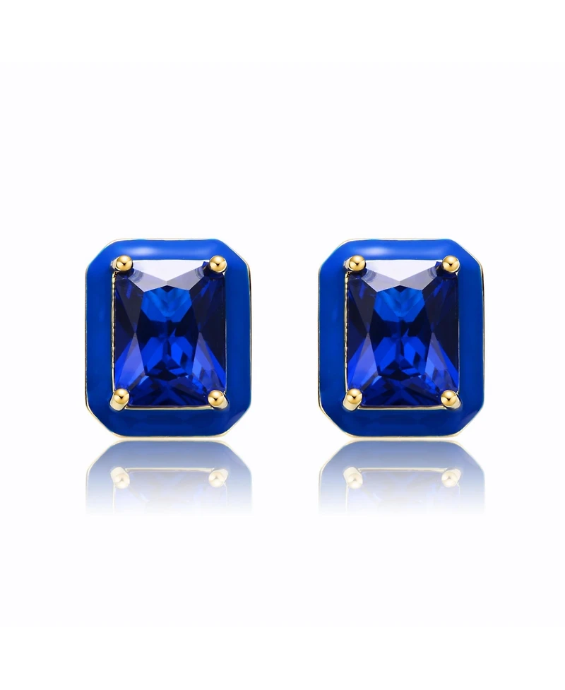 14k Yellow Gold Plated with Blue Cubic Zirconia Radiant Blue Enamel Halo Stud Earrings