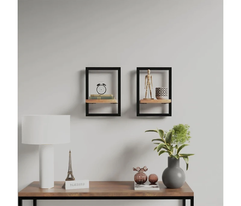 Wall Shelves 2 pcs 9.8"x9.8"x13.8" Solid Wood Acacia and Steel
