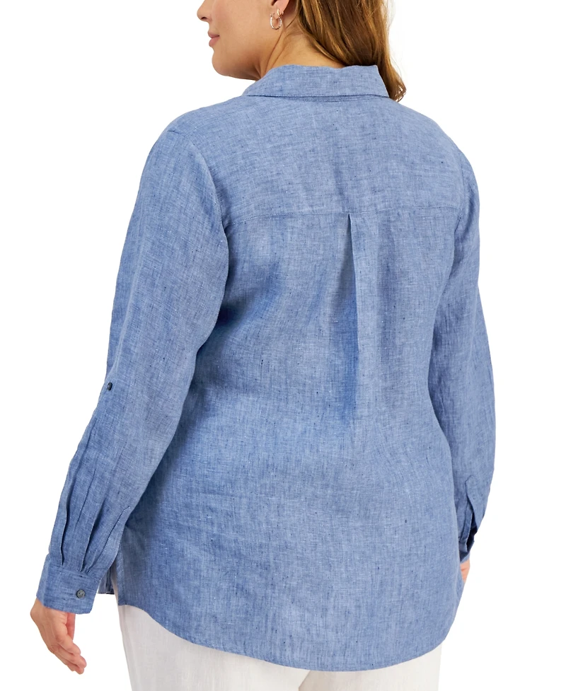 Charter Club Plus 100% Linen Roll-Tab Shirt, Exclusively at Macy's