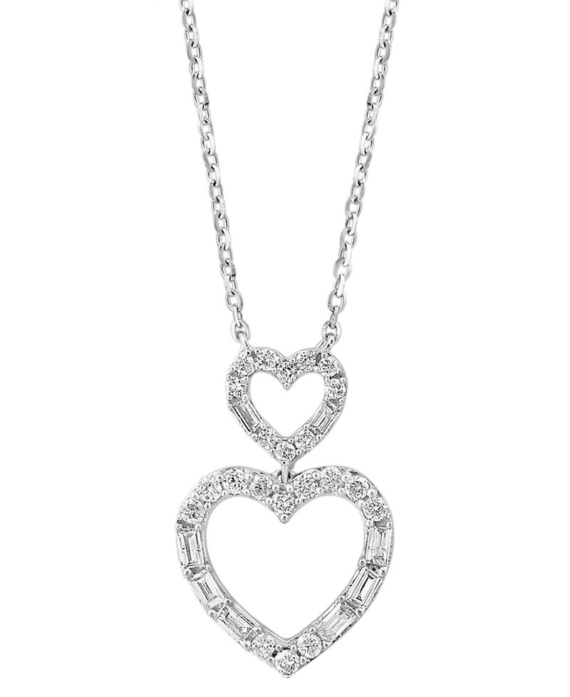Effy Diamond Round & Baguette Double Heart Pendant Necklace (1/4 ct. t.w.) in 14k White Gold, 17-1/2" + 1/2" extender