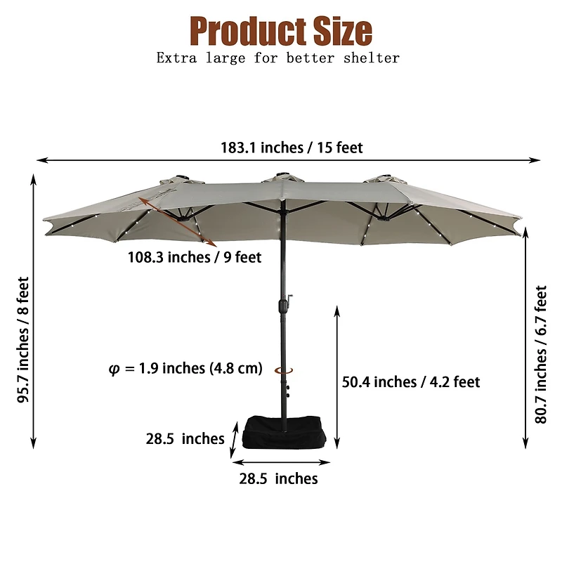 Mondawe 15ft Rectangular Double-Sided Solar Led Outdoor Patio Market Umbrella with Base Included