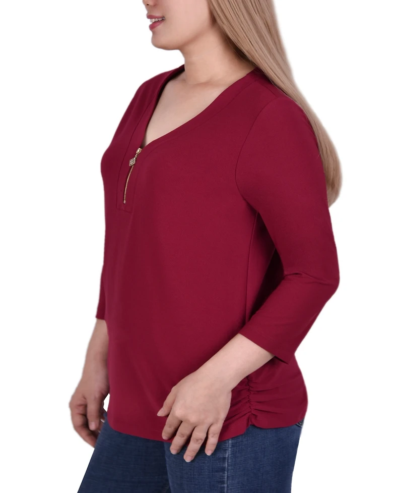 Plus Size Long Sleeve Crepe Knit V-Neck Top with Zipper