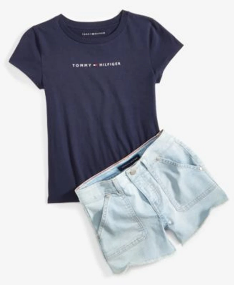 Tommy Hilfiger Big Girls Classic Embroidered T Shirt Stretch Frayed Hem Denim Shorts