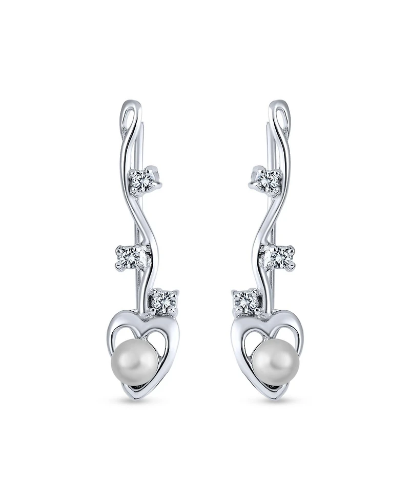 Bling Jewelry Heart White Freshwater Cultured Pearl Wire Ear Pin Climbers Earrings Round Crawlers Sterling Silver