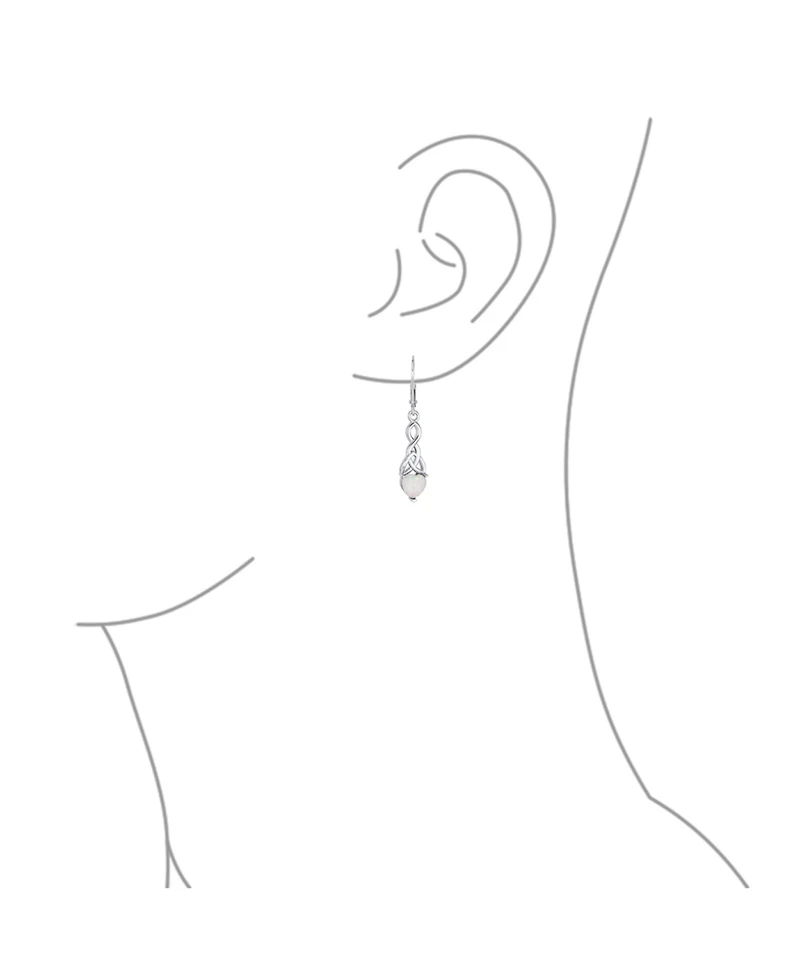 Bling Jewelry White Heart Shaped Synthetic Opal Love Knot Dangle Irish Celtic Earrings For Women Lever back Sterling Silver 1.5 Inch Long