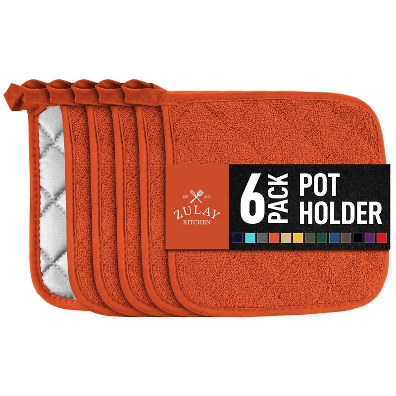 Washable Quilted Terry Cloth Potholder for Cooking and Baking (6 Pack)