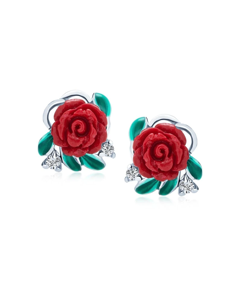Bling Jewelry Delicate Floral Blooming Flower Cz Green Cz Leaf 3D carved Red Rose Stud Earrings Sterling Silver