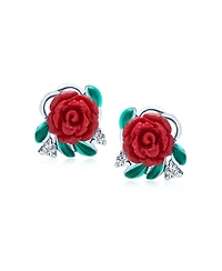 Bling Jewelry Delicate Floral Blooming Flower Cz Green Cz Leaf 3D carved Red Rose Stud Earrings Sterling Silver