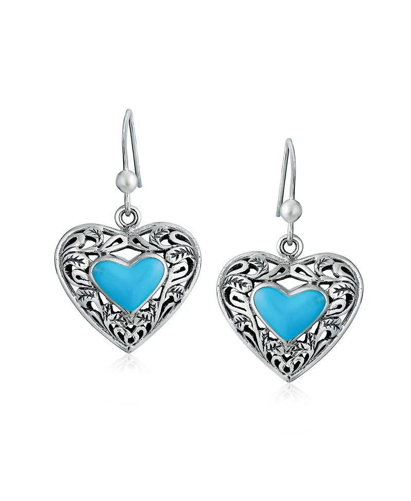 Bling Jewelry Boho Bali Style Scroll Filigree Blue Natural Turquoise Heart Shaped Dangling Earrings Oxidized Sterling Silver Fish Hook