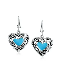 Bling Jewelry Boho Bali Style Scroll Filigree Blue Natural Turquoise Heart Shaped Dangling Earrings Oxidized Sterling Silver Fish Hook