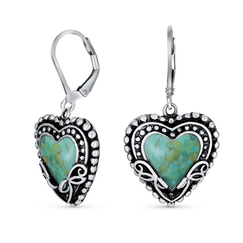 Bling Jewelry Boho Bali Style Scroll Filigree Blue Natural Turquoise Heart Shaped Dangling Earrings Oxidized Sterling Silver Lever back