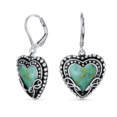 Bling Jewelry Boho Bali Style Scroll Filigree Blue Natural Turquoise Heart Shaped Dangling Earrings Oxidized Sterling Silver Lever back