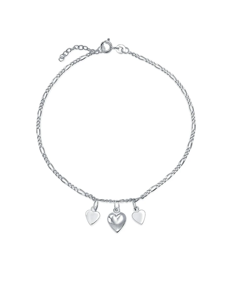 Bling Jewelry Three Multi Dangling Hearts Charms Anklet Ankle Figaro Bracelet Sterling Silver Adjustable 9 To 10 Inch With Extender