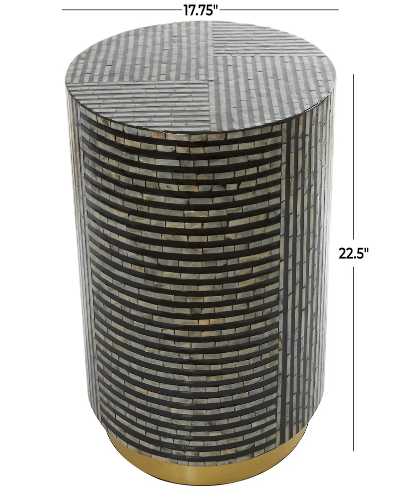 Rosemary Lane Mother of Pearl Drum Accent Table with Linear Mosaic Pattern and Gold Base
