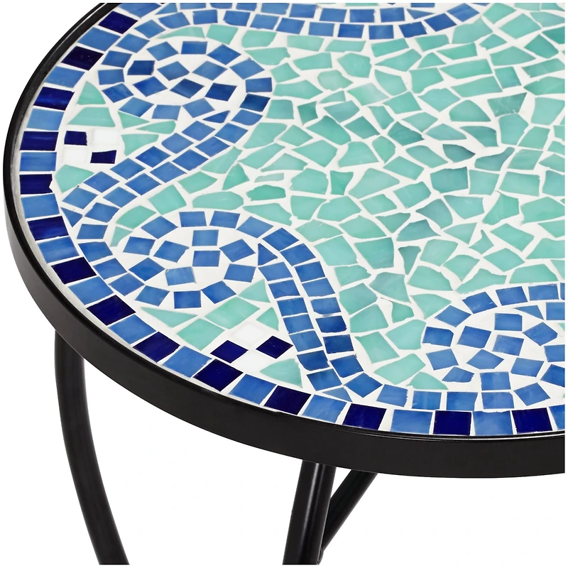 Teal Island Designs Black Round Outdoor Accent Side Tables 14" Wide Set of 2 Blue Wave Mosaic Tabletop Front Porch Patio Home House