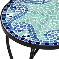 Teal Island Designs Black Round Outdoor Accent Side Tables 14" Wide Set of 2 Blue Wave Mosaic Tabletop Front Porch Patio Home House