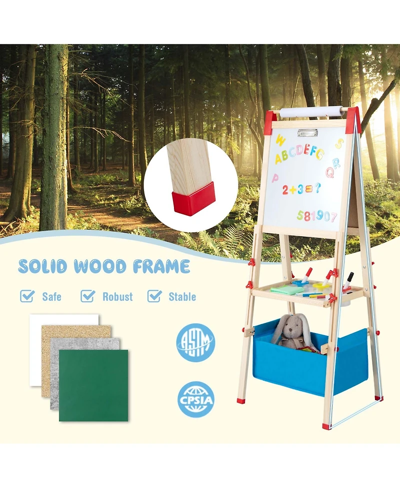 3-in-1 Kids Art Easel Double-Sided Wooden Adjustable Magnetic Drawing Board