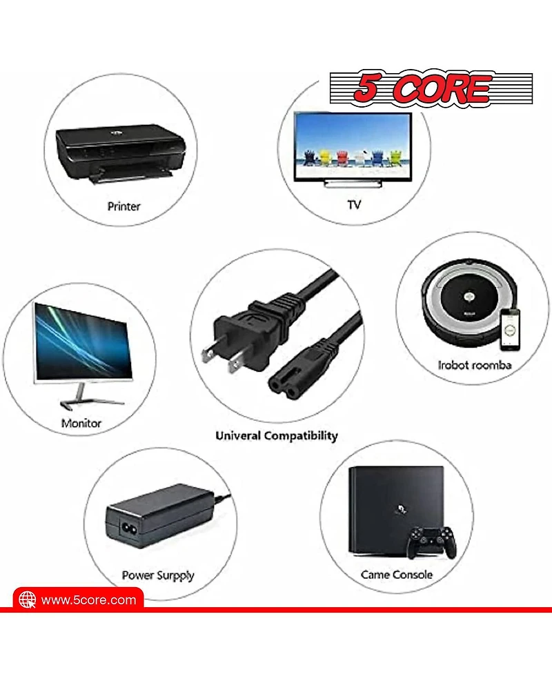 5 Core Extra Long 6ft(1.8m) 2 Prong Non-Polarized Ac Wall Power Cable 2 Piece/ 2 Slot Cord for Hp, Dell, Sony, Asus Acer, Laptop Charger, Led, Lcd Mon