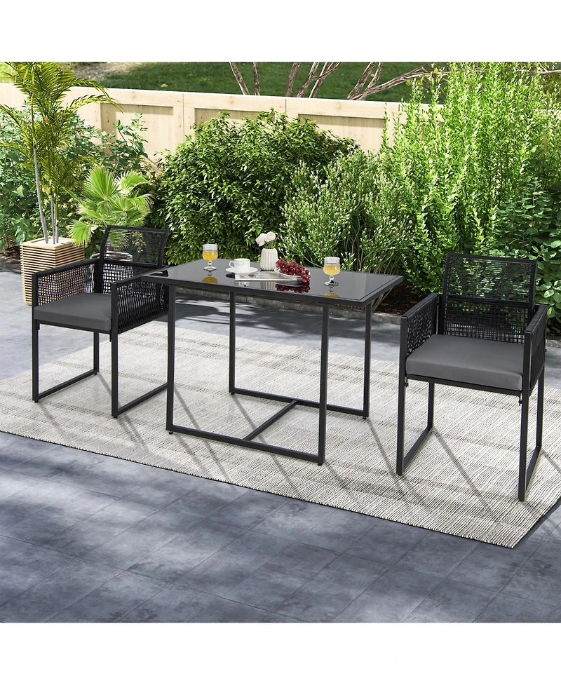 3 Pieces Outdoor Dining Set with Folding Backrest and Seat Cushions-Black