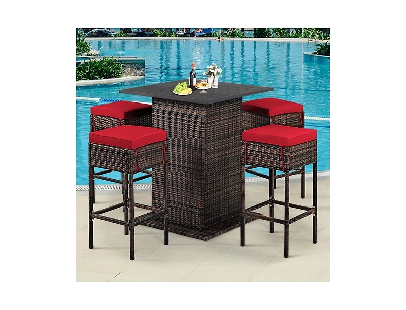 5 Pieces Patio Rattan Bar Table Stool Set Hidden Storage Shelf Cushioned