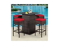 5 Pieces Patio Rattan Bar Table Stool Set Hidden Storage Shelf Cushioned