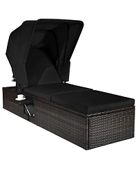 Outdoor Adjustable Cushioned Chaise Lounge Chair with Folding Canopy-Black