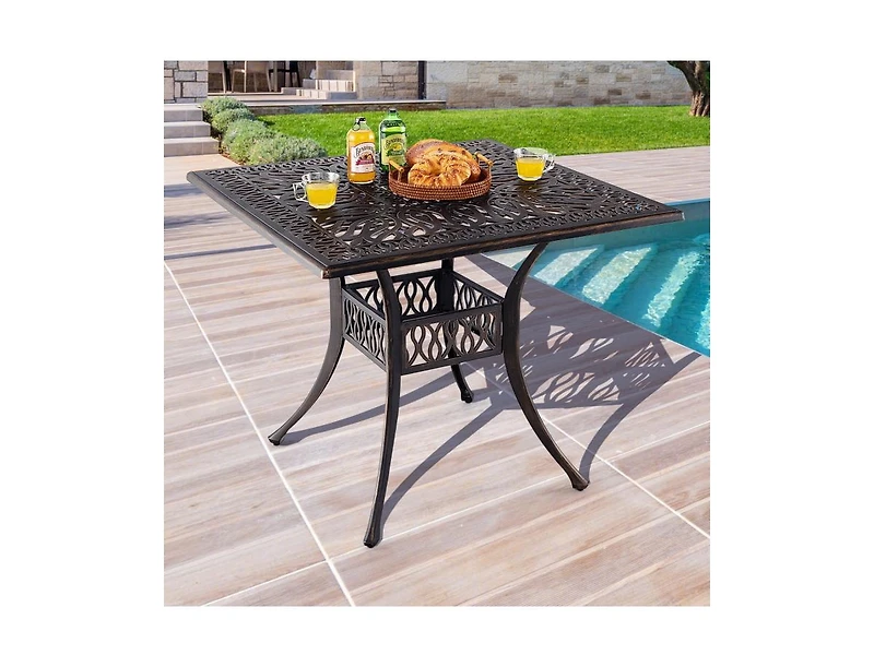 35.4 Inch Aluminum Patio Square Dining Table with Umbrella Hole-Bronze