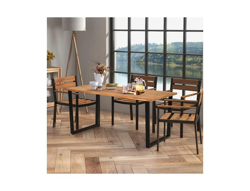 6-Person Acacia Wood Outdoor Dining Table with 2 Inch Umbrella Hole