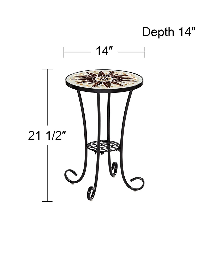 Teal Island Designs Rustic Black Round Outdoor Accent Side Tables 14" Wide Set of 2 Brown Mosaic Tabletop for Front Porch Patio Home House