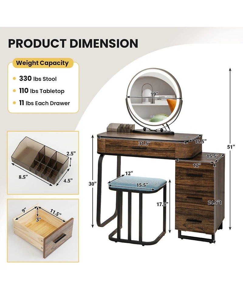 Vanity Table Set with 3-Color Lighted Mirror and Charging Station-Brown
