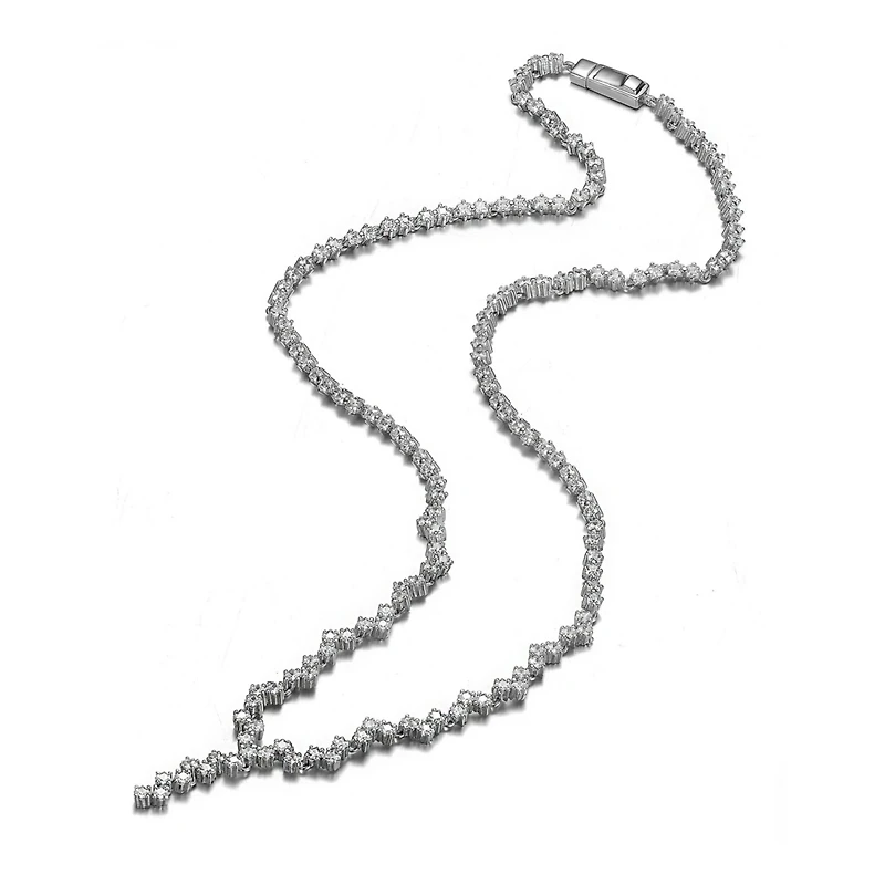 Sterling Silver with White Gold Plated Clear Princess Cubic Zirconia ZigZag Style Necklace